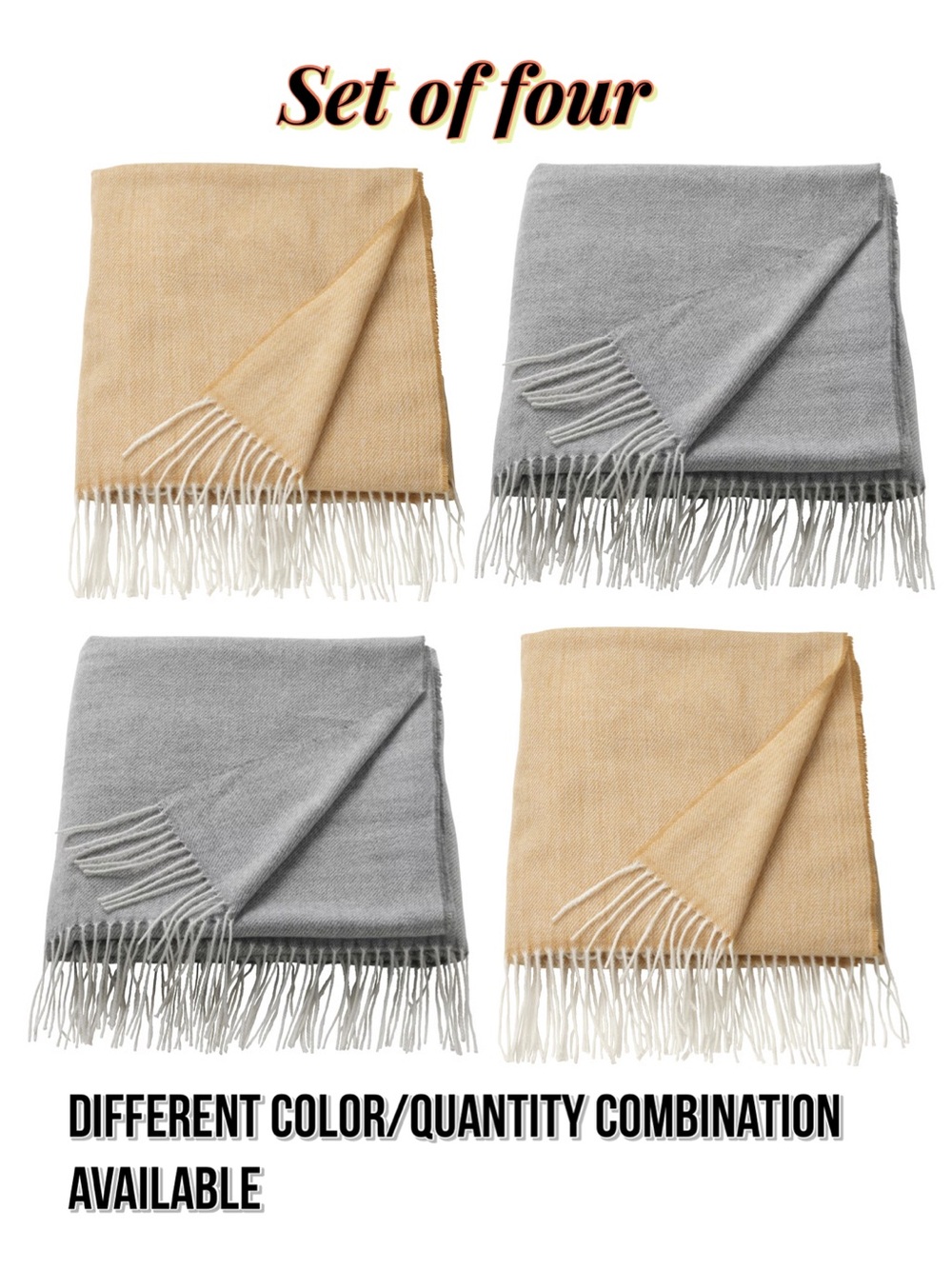Set of Reversible Fringe Throws - Beige and Light Gray